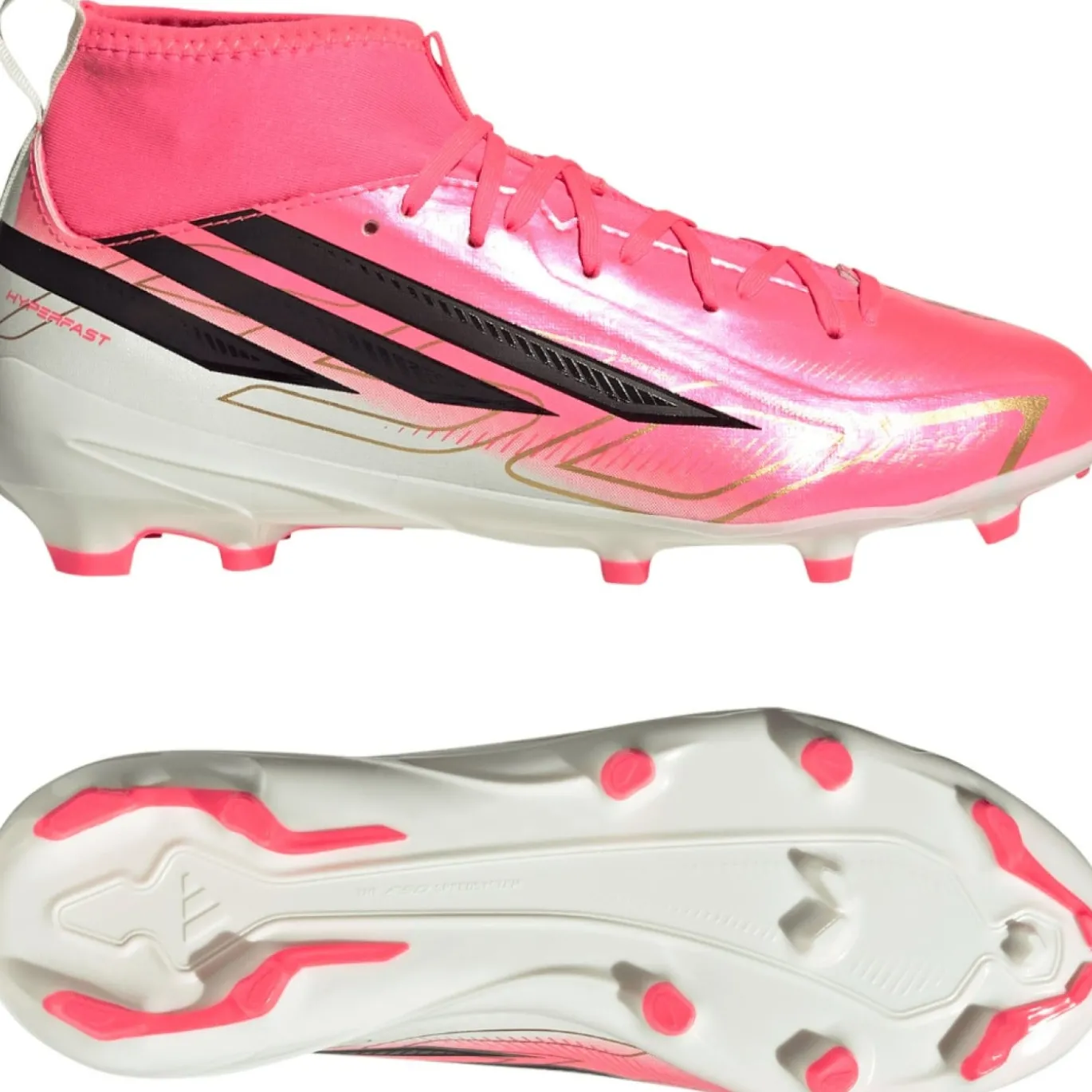 adidas F50 Hyperfast League Mid Gras Voetbalschoenen (FG) Kids Felroze Zwart Goud Wit