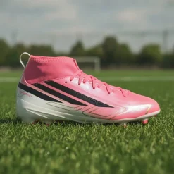 adidas F50 Hyperfast League Mid Gras Voetbalschoenen (FG) Kids Felroze Zwart Goud Wit