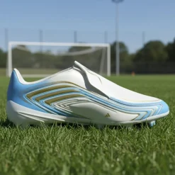 adidas F50 Messi League Veterloze Gras Voetbalschoenen (FG) Kids Wit Lichtblauw Goud