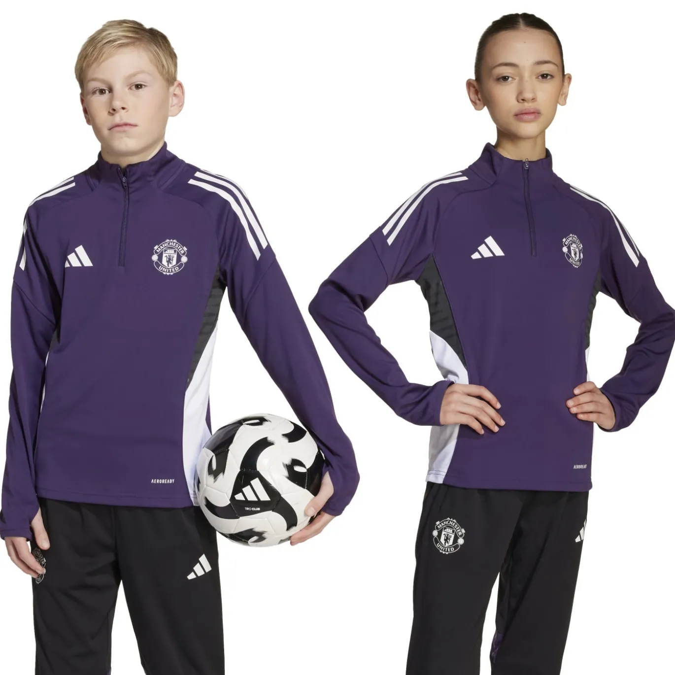 adidas Manchester United Trainingspak 1/4-Zip 2025-2026 Kids Paars Zwart Wit