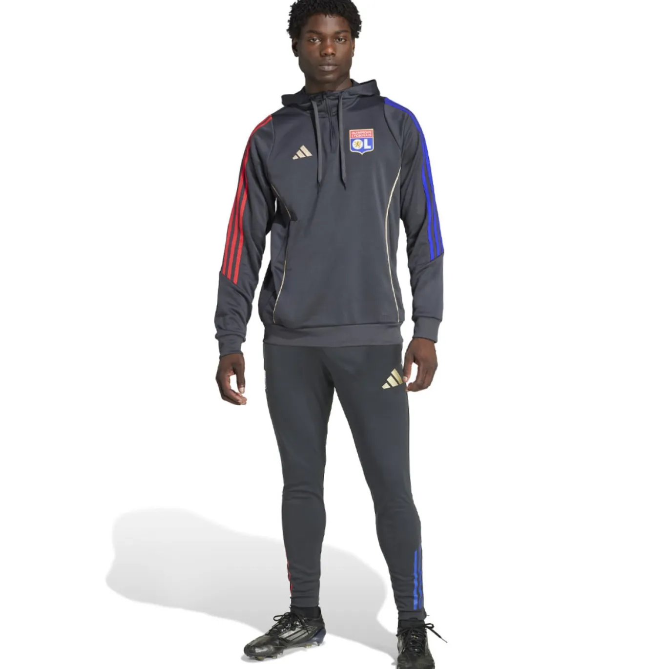 adidas Olympique Lyon Track Trainingspak Hooded 2025-2026 Donkergrijs Goud Rood Blauw