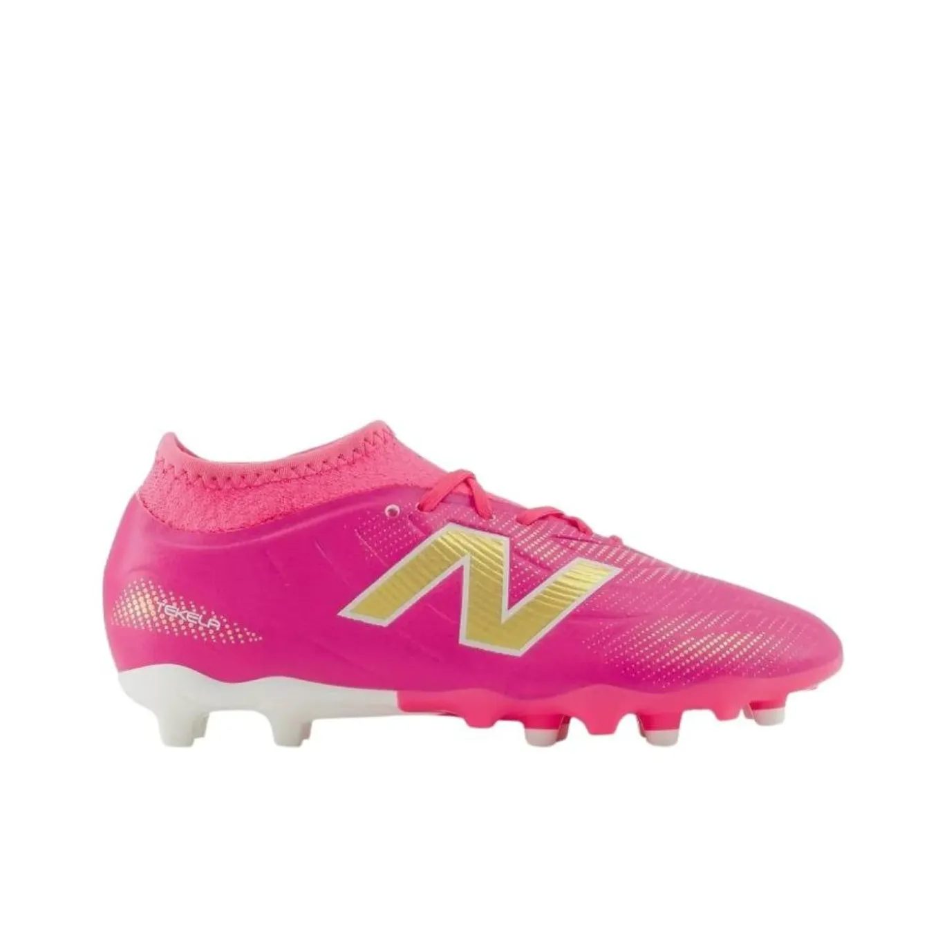 New Balance Tekela V5 Team Gras Voetbalschoenen (FG) Kids Felroze Wit Goud