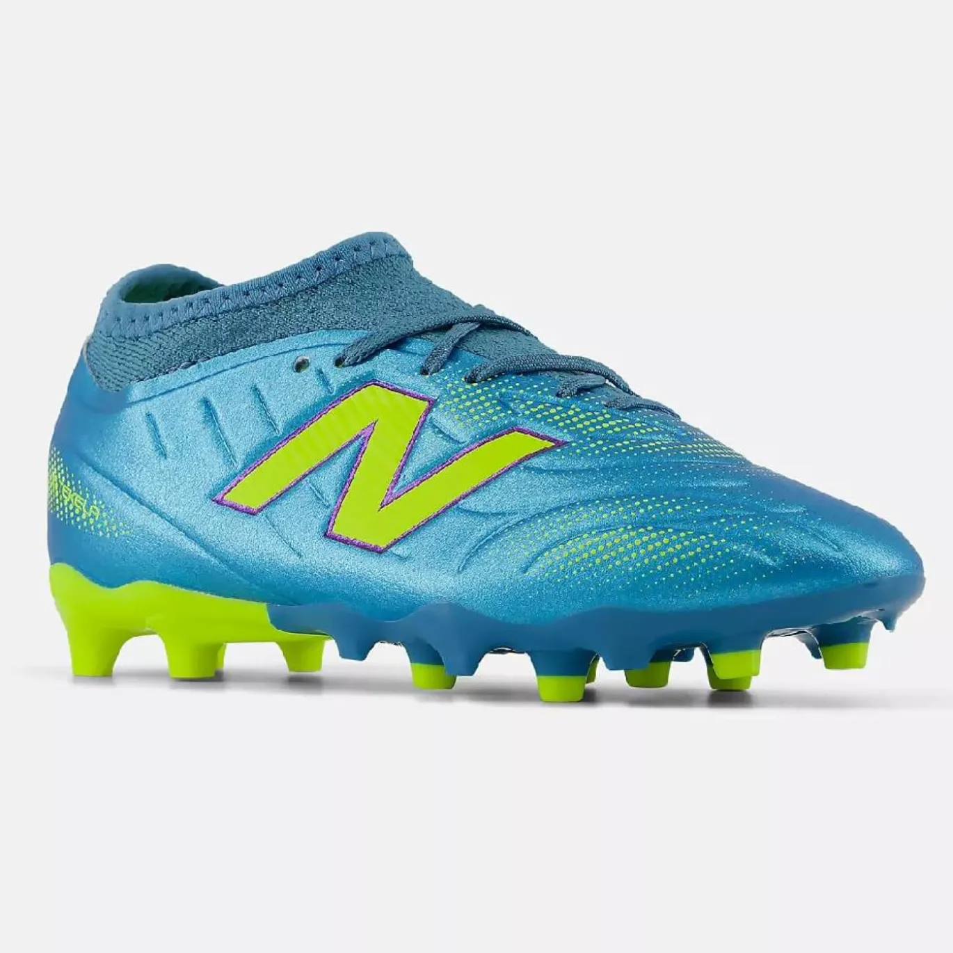 New Balance Tekela V5 Team Low Gras Voetbalschoenen (FG) Kids Metallic Blue Geel