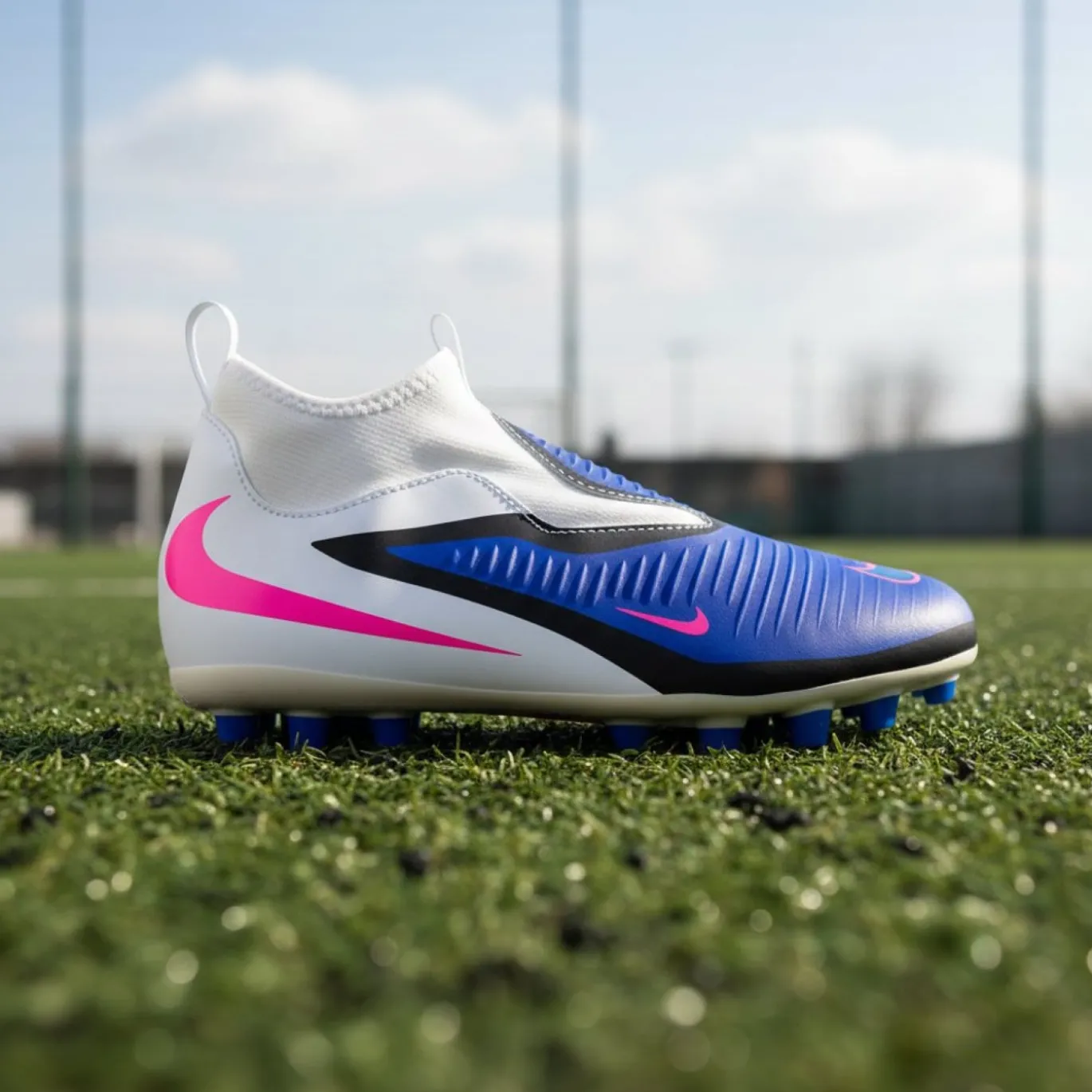 Nike Phantom 6 High Academy Gras / Kunstgras Voetbalschoenen (MG) Kids Blauw Wit Felroze