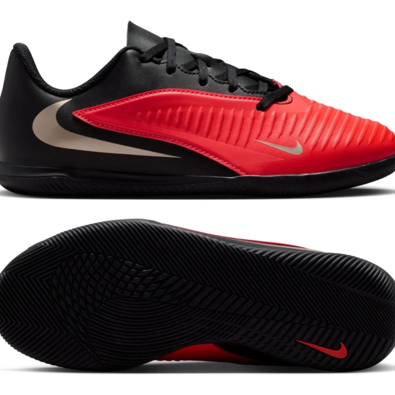 Nike Phantom 6 Low Club Zaalvoetbalschoenen (IN) Kids Zwart Felrood Goud