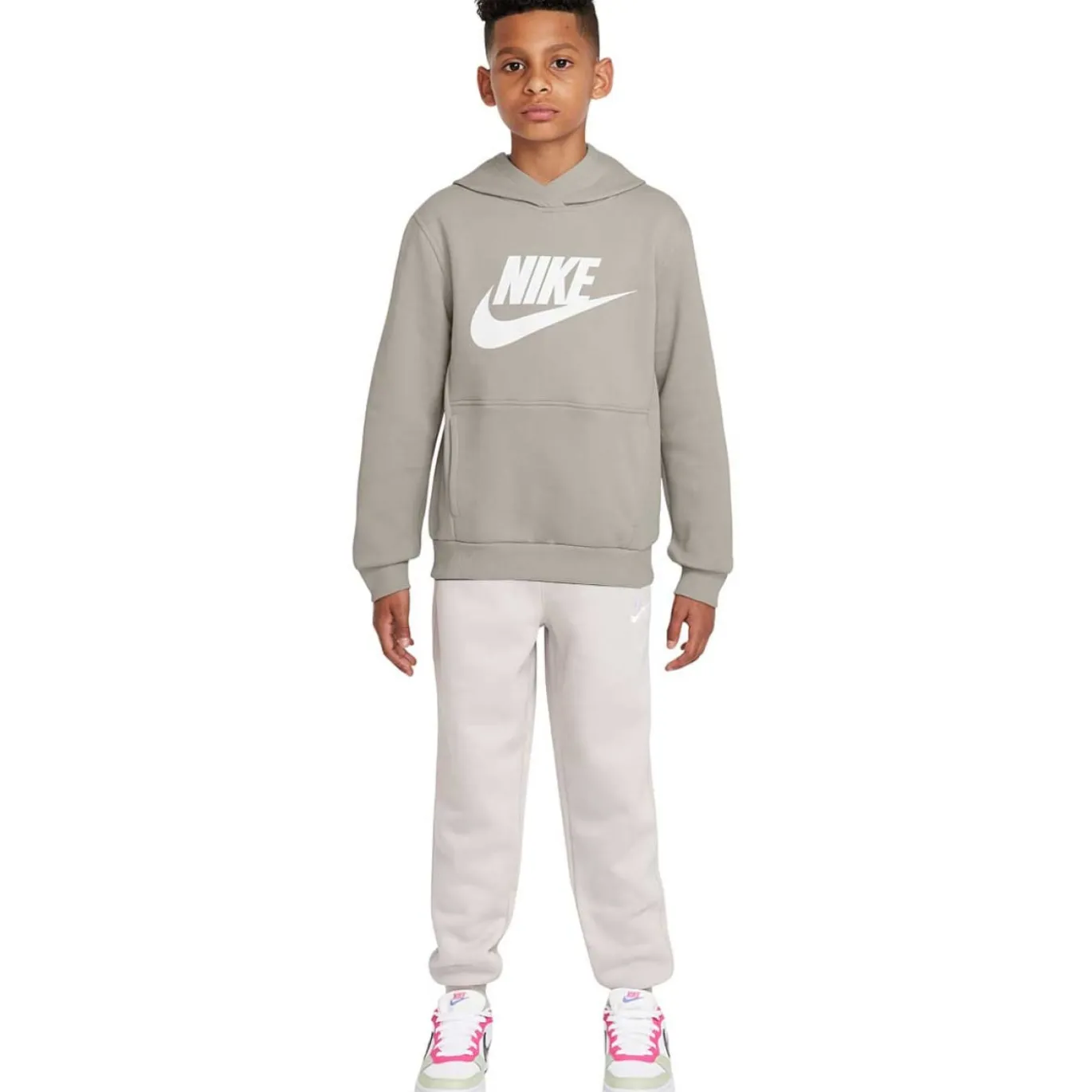 Nike Sportswear Club Big Logo Fleece Hoodie Trainingspak Kids Grijs Wit