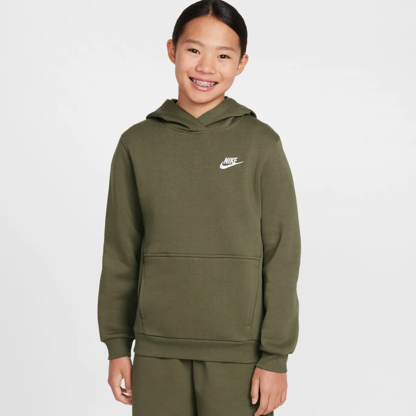 Nike Sportswear Club Fleece Hoodie Kids Olijfgroen Wit
