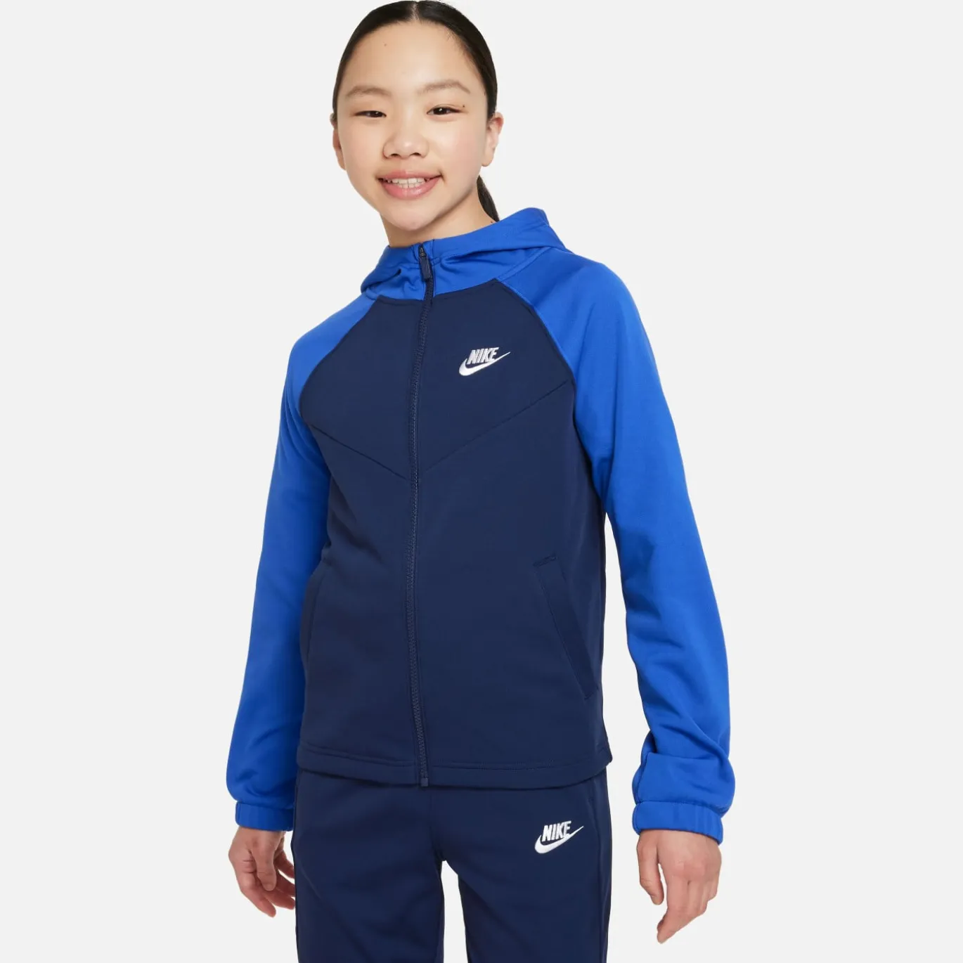 Nike Sportswear Poly Trainingspak Full-Zip Hooded Kids Donkerblauw Blauw Wit