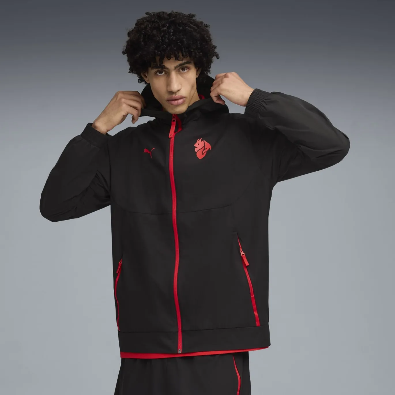 PUMA AC Milan Pumatech Woven Trainingspak Hooded Full-Zip 2025-2026 Zwart Rood
