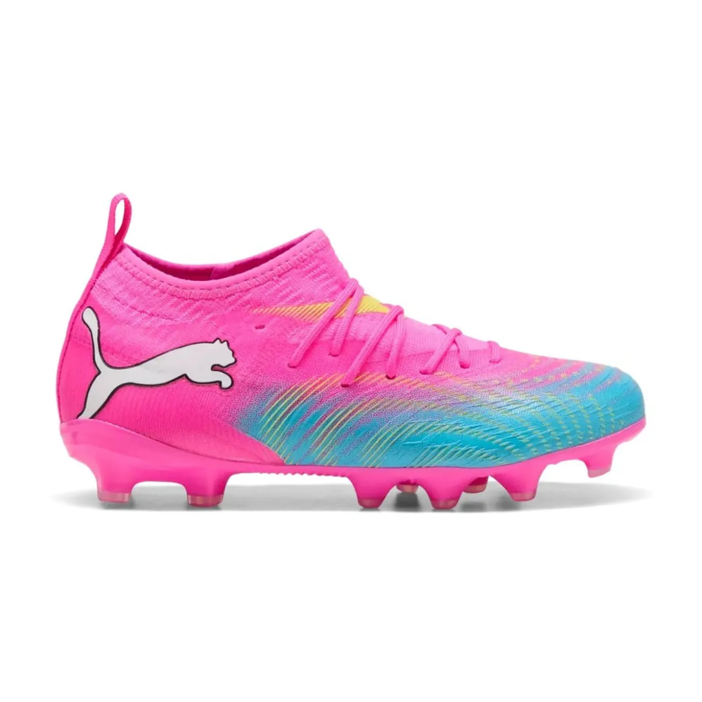 PUMA Future 9 Match Gras / Kunstgras Voetbalschoenen (MG) Kids Felroze Blauw Geel