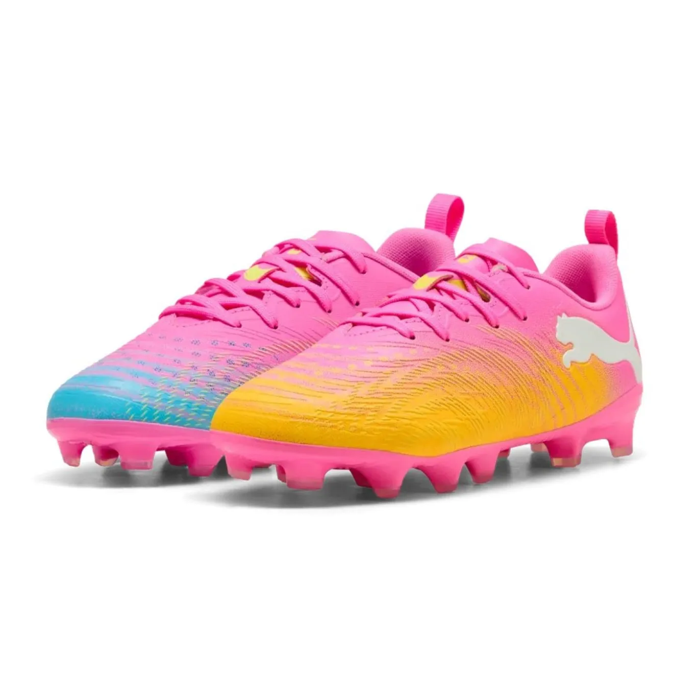PUMA Future 9 Play Gras / Kunstgras Voetbalschoenen (MG) Kids Felroze Blauw Geel