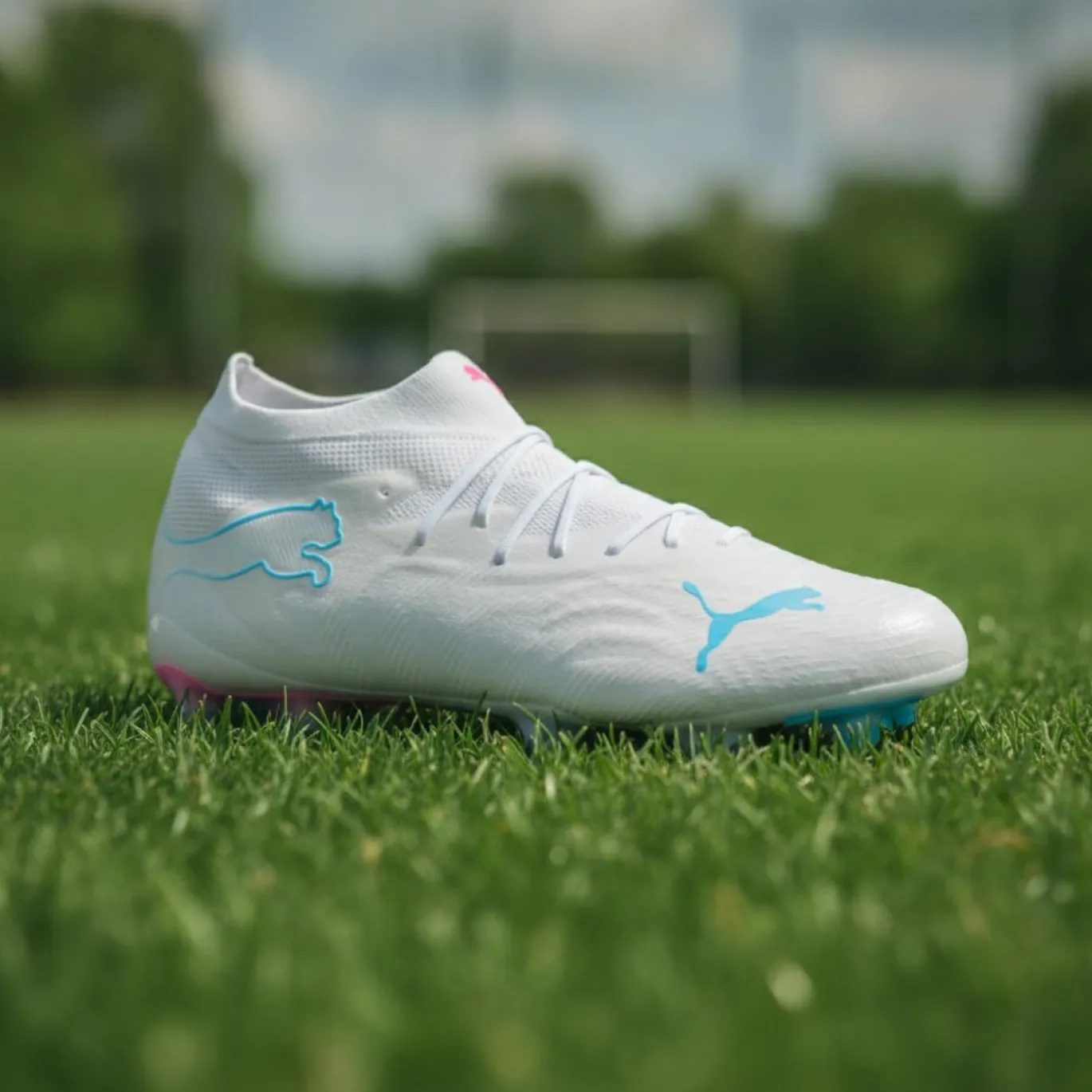 PUMA Future 9 Ultimate Gras Voetbalschoenen (FG) Wit Felblauw Felroze