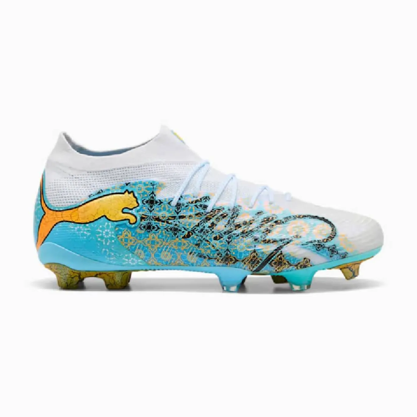 PUMA Future 9 Ultimate Playmaker Gras Voetbalschoenen (FG) Wit Vibrant Blue Sun Stream Lichtblauw