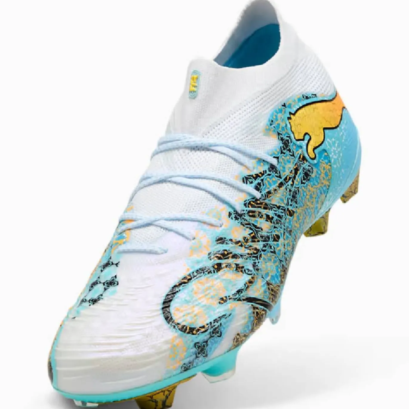 PUMA Future 9 Ultimate Playmaker Gras Voetbalschoenen (FG) Wit Vibrant Blue Sun Stream Lichtblauw