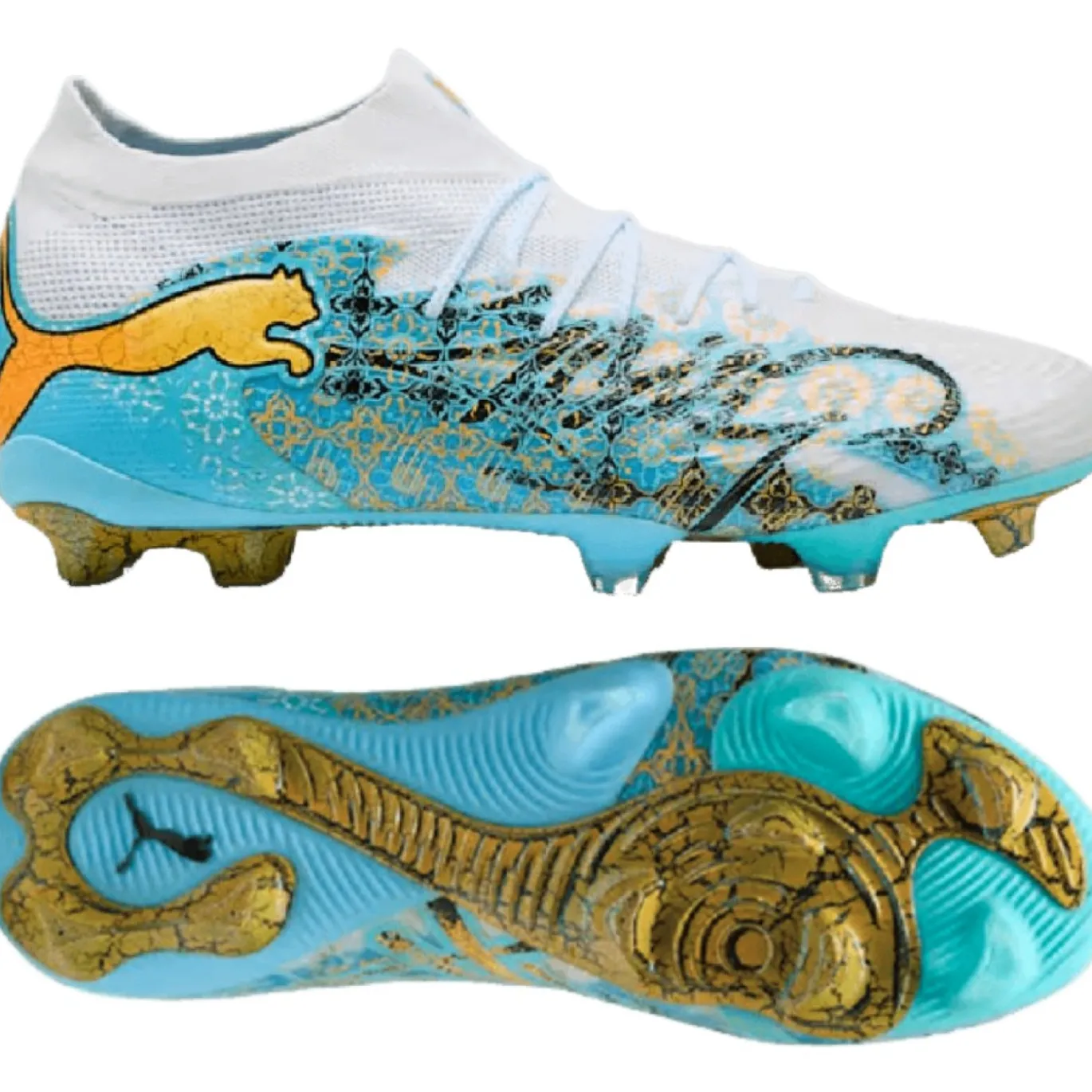 PUMA Future 9 Ultimate Playmaker Gras Voetbalschoenen (FG) Wit Vibrant Blue Sun Stream Lichtblauw