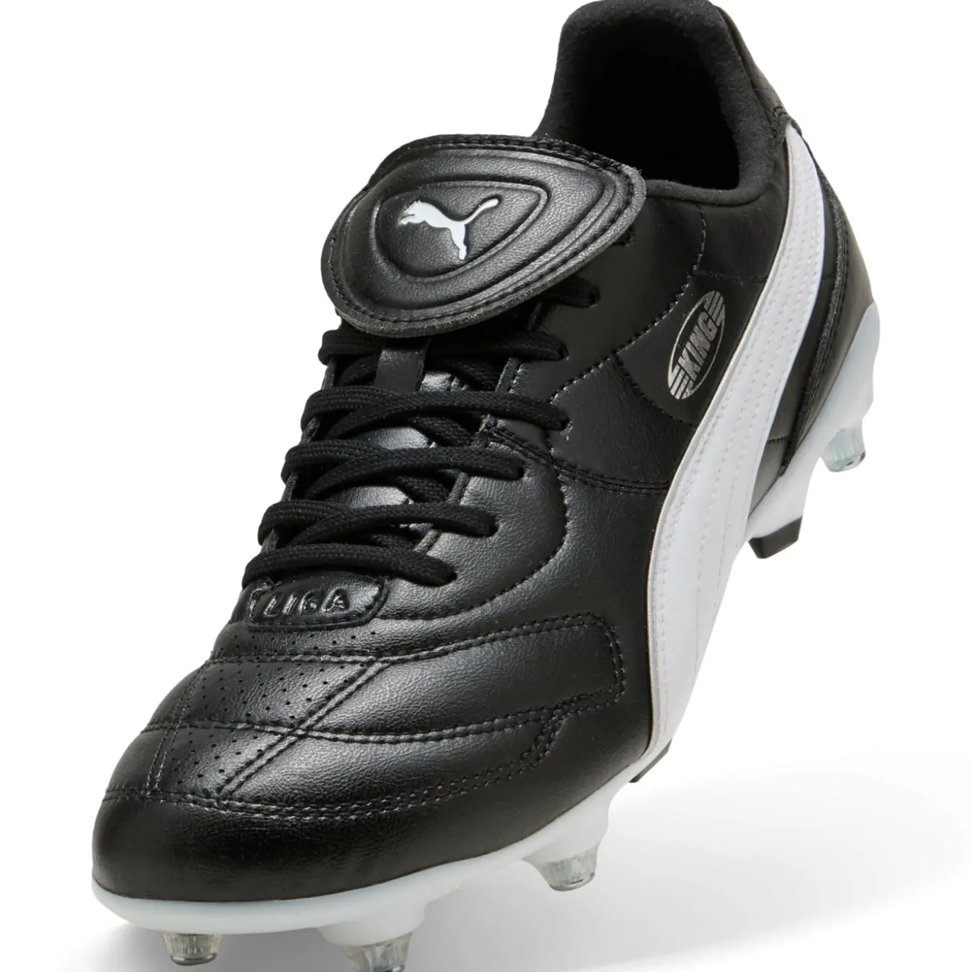 PUMA King Liga IJzeren-Nop Voetbalschoenen (SG) Zwart Wit Zilver