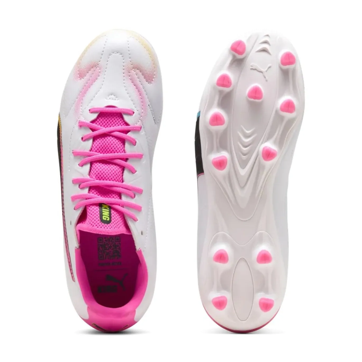 PUMA King 20 Match Gras / Kunstgras Voetbalschoenen (MG) Kids Wit Felroze Blauw Geel