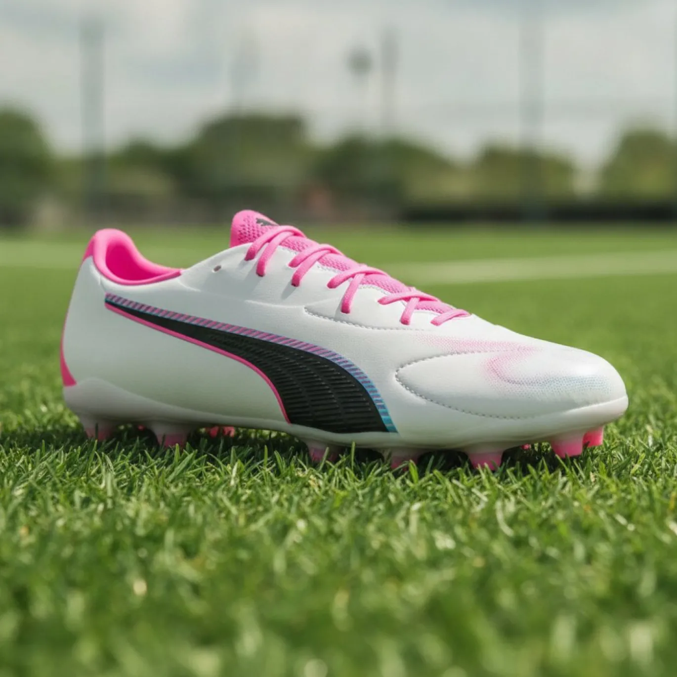 PUMA King 20 Match Gras / Kunstgras Voetbalschoenen (MG) Wit Felroze Blauw Geel