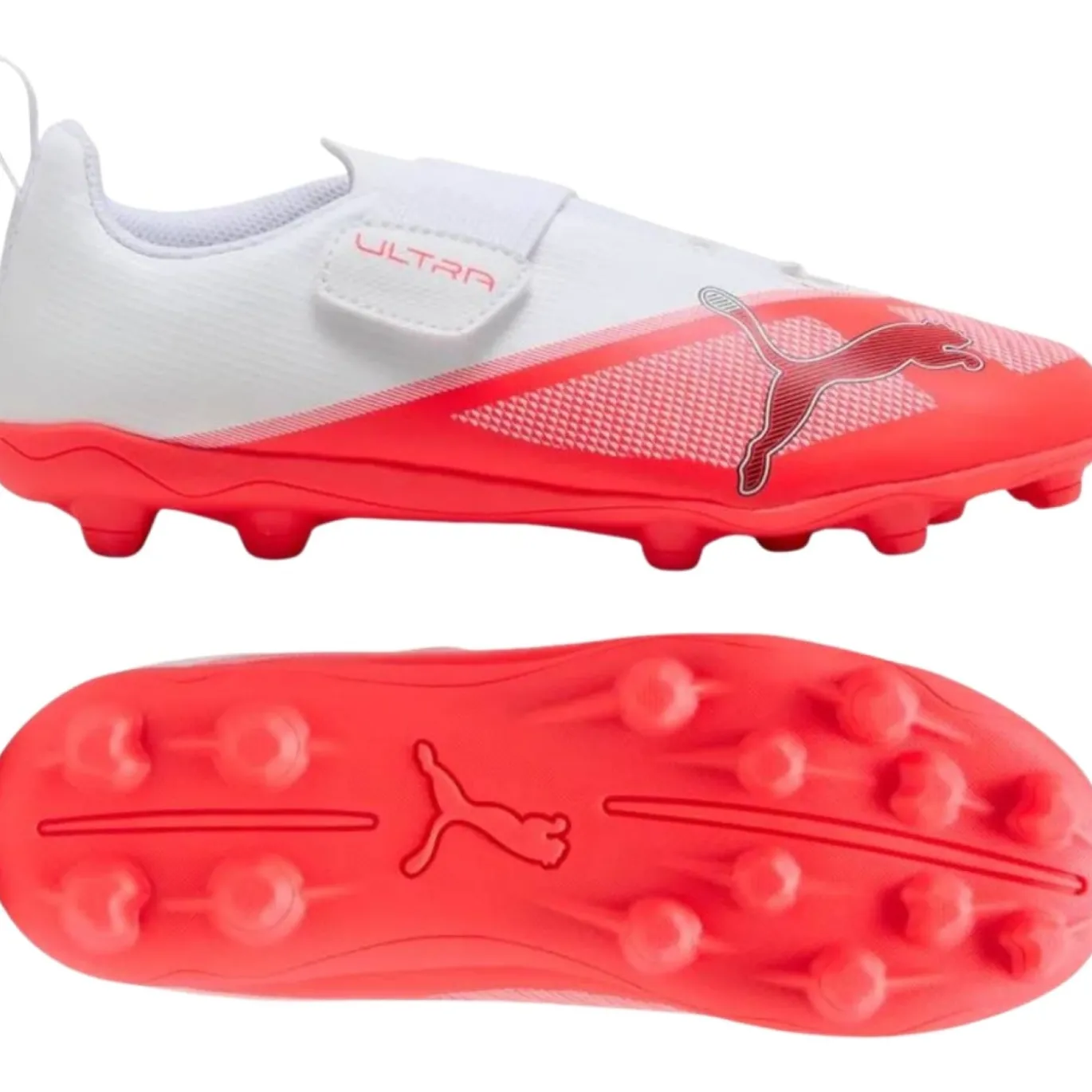 PUMA Ultra 7 Play Velcro Gras / Kunstgras Voetbalschoenen (MG) Kids Wit Felrood Zwart