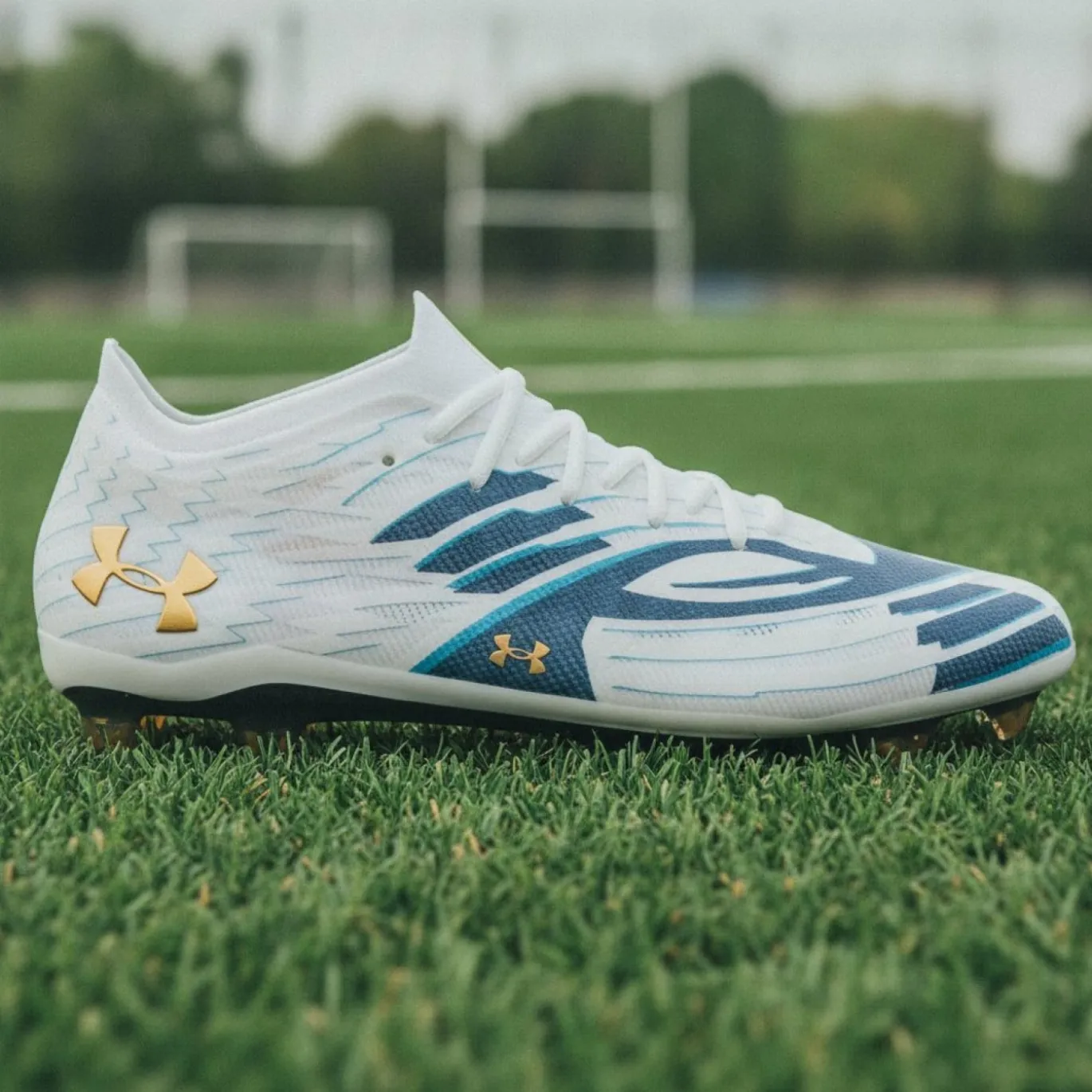 Under Armour Shadow Elite 4 Mach Voetbalschoenen (FG) Wit Donkerblauw Azuurblauw Oranje