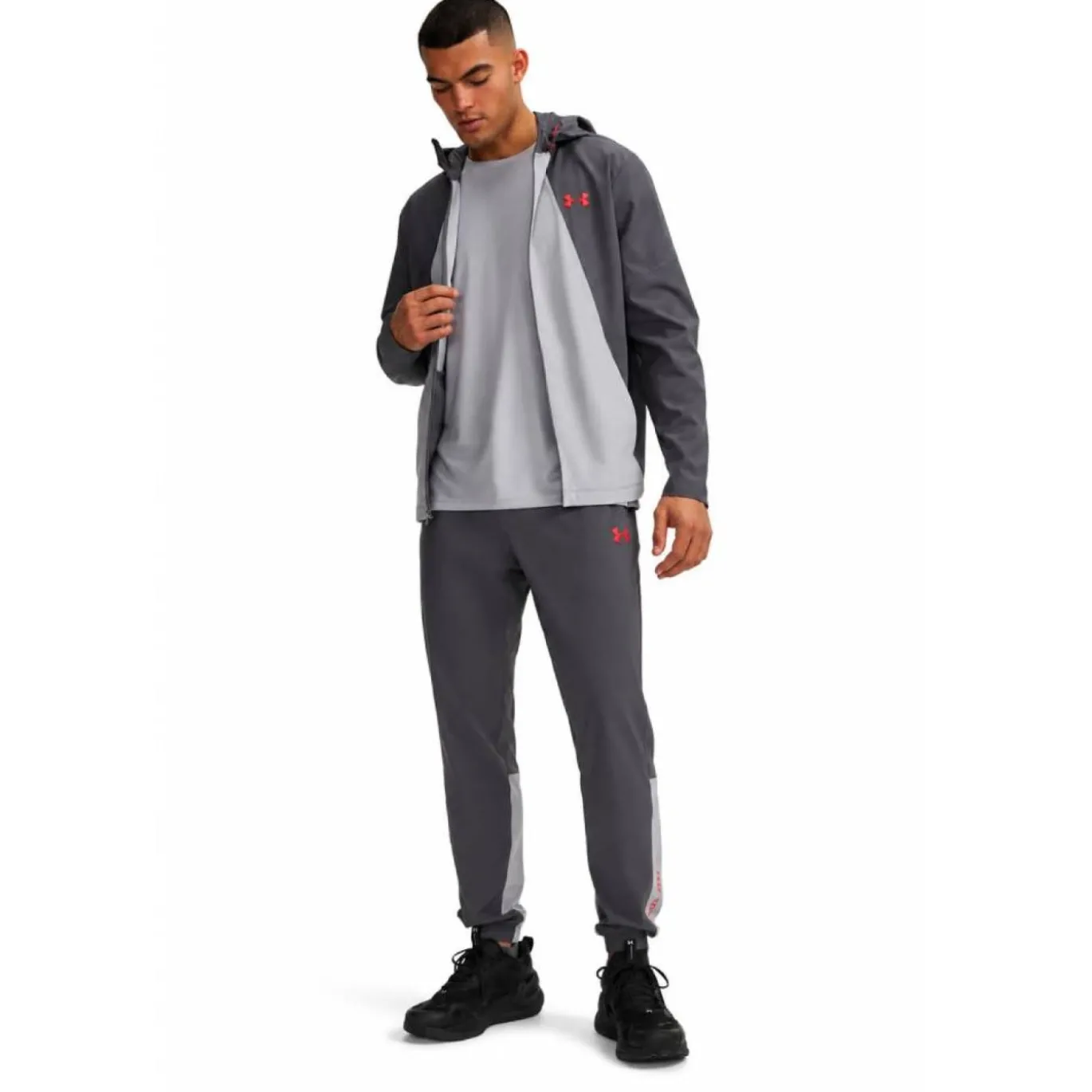 Under Armour Tech Utility Woven Trainingspak Full-Zip Donkergrijs Lichtgrijs Rood